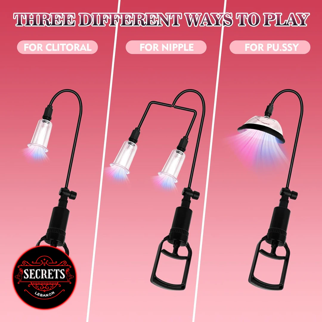 Manual Pussy Pump Kit with three suction cup attachments and pink LED glow