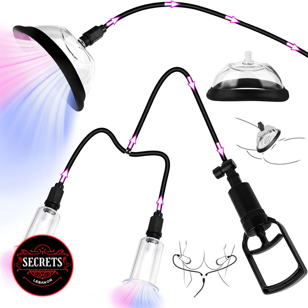 Manual Pussy Pump Kit with clear cups, black hand pump, flexible tubing