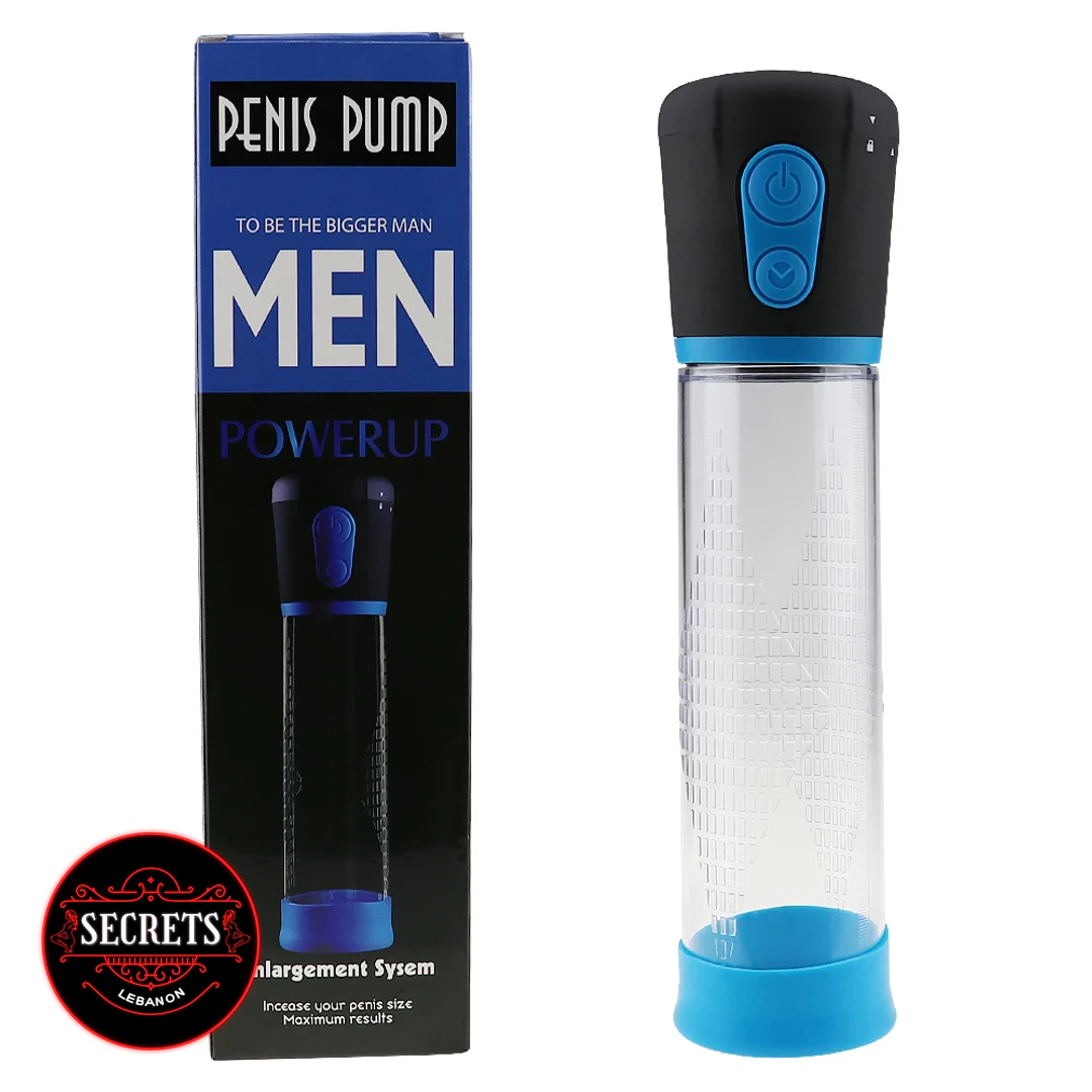Marathon Automatic Penis Pump with clear cylinder, blue accents, and box