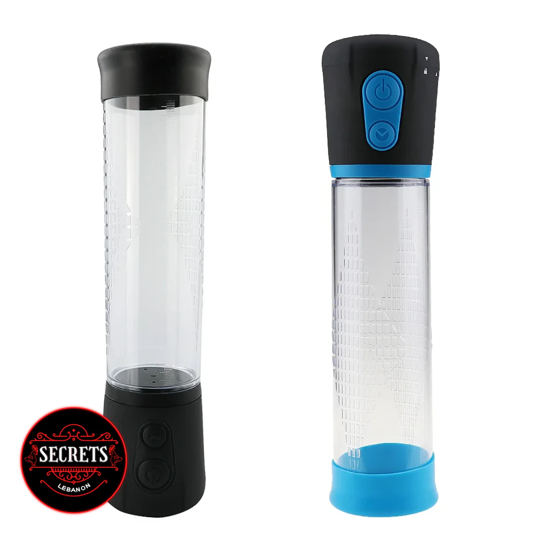 Marathon Automatic Penis Pump in black and blue variants, clear cylinders