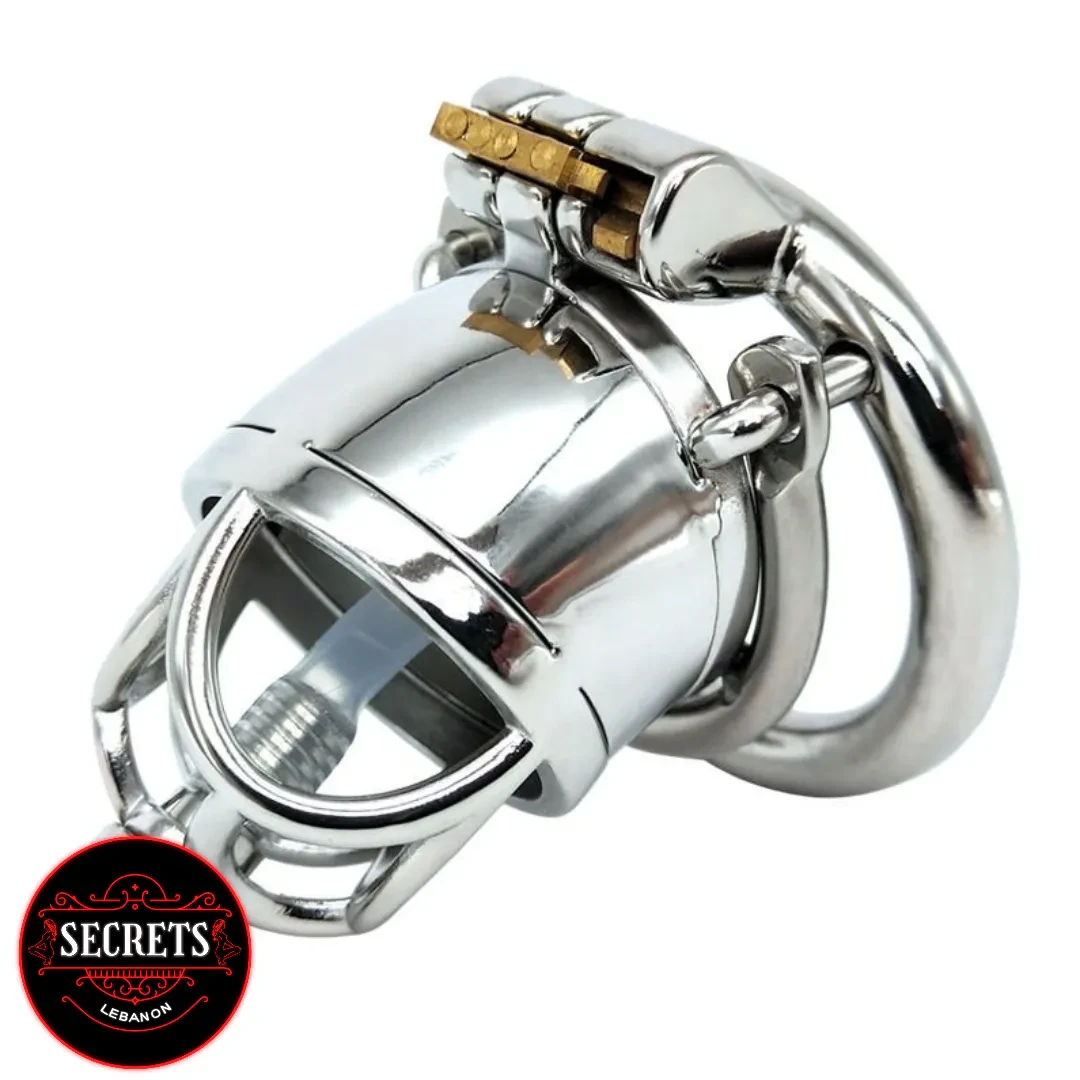 Metal Chastity With Catheter in polished stainless steel with gold lock mechanism