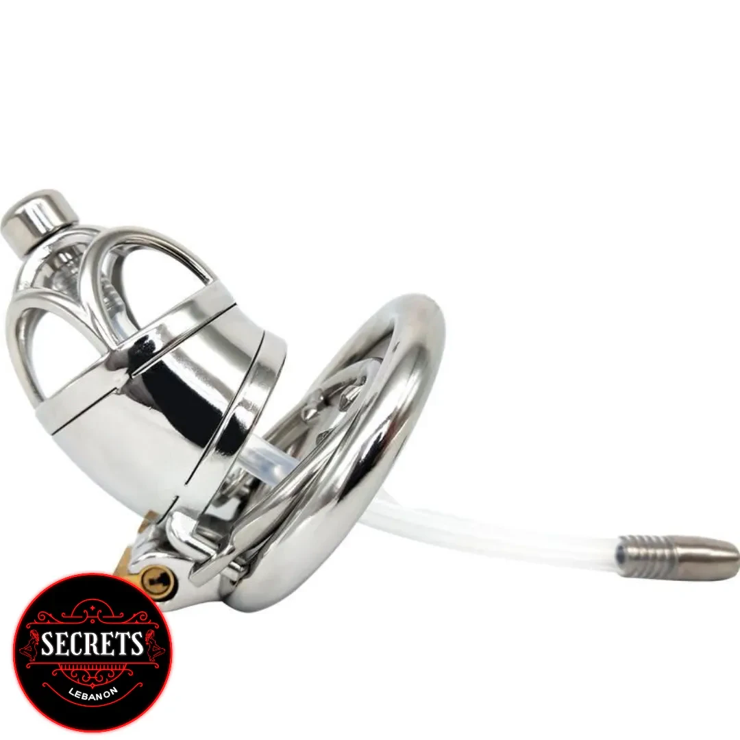 Metal Chastity With Catheter in polished stainless steel shown at angle