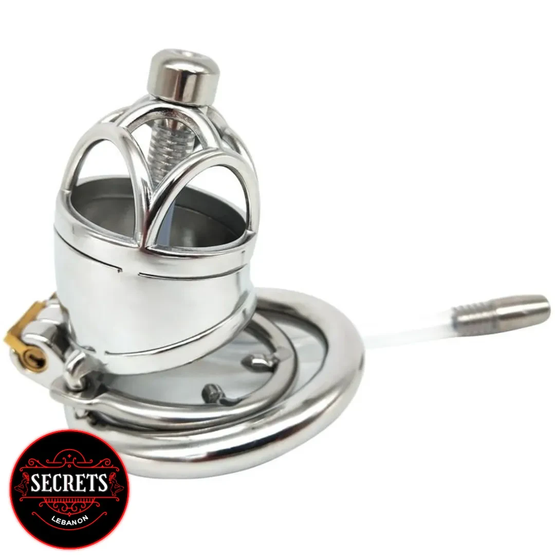 Metal Chastity With Catheter in polished stainless steel with gold padlock