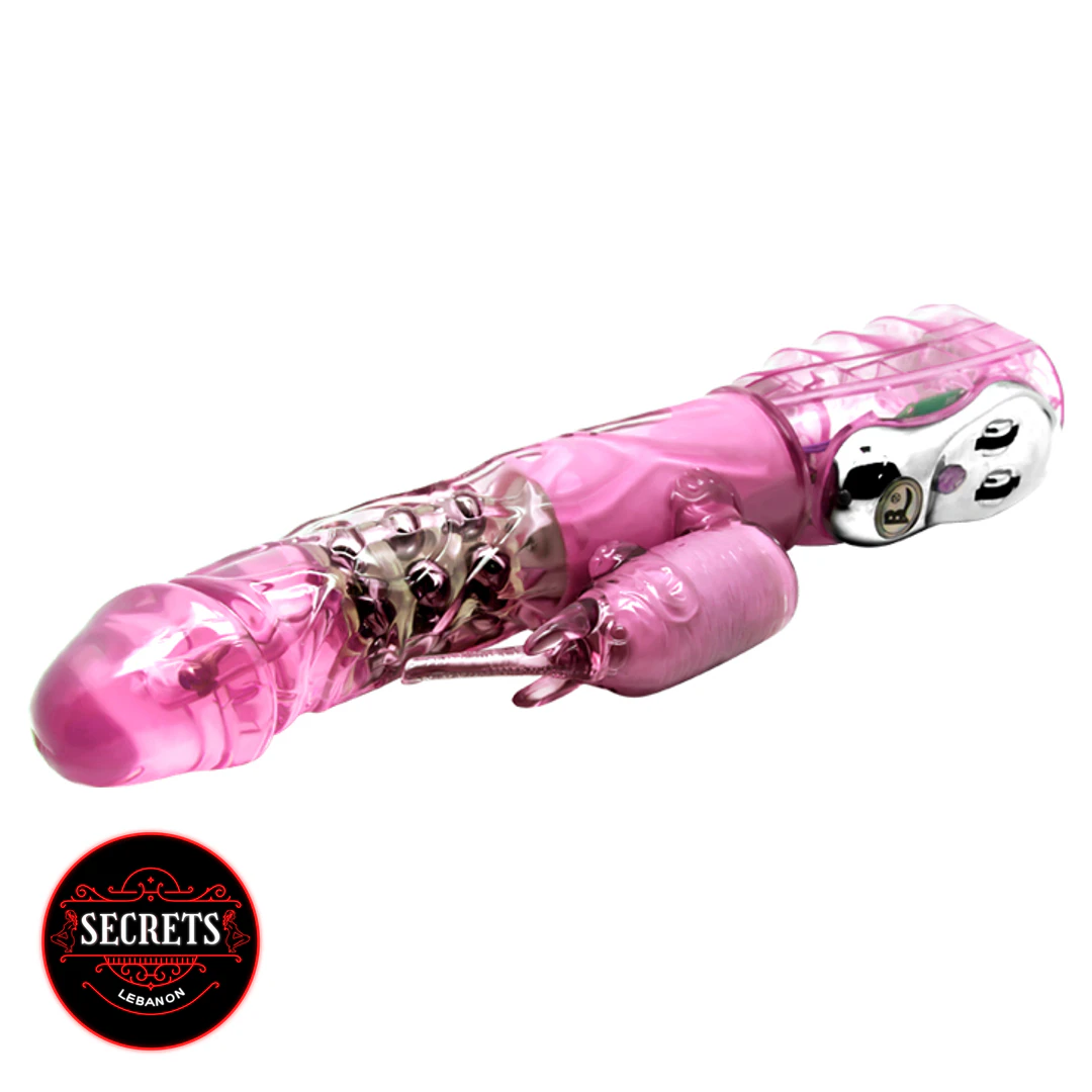 Multi Speed Rotating Rabbit Vibrator in transparent pink with silver controls