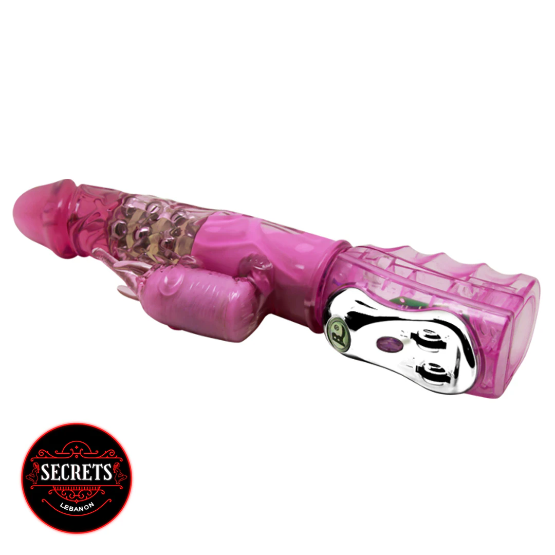 Multi Speed Rotating Rabbit Vibrator in transparent pink with silver controls