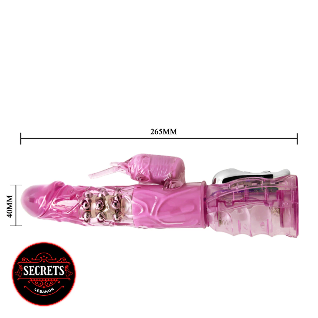 Multi Speed Rotating Rabbit Vibrator pink transparent side view with dimensions 265mm