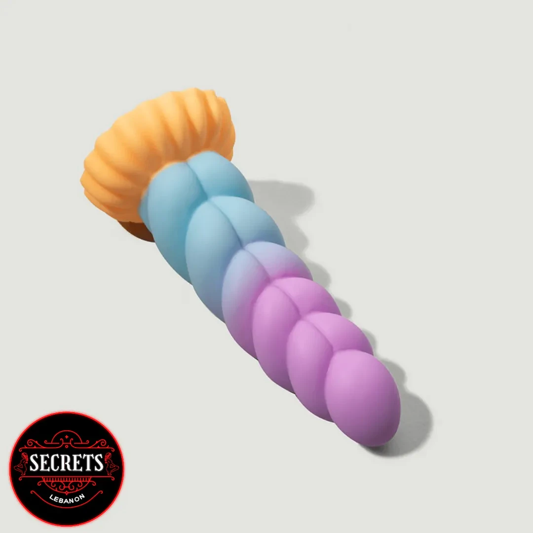 Mystique Unicorn Silicone Dildo with twisted pastel blue purple and orange shaft