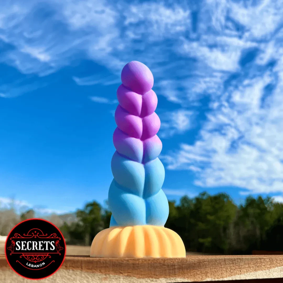 Mystique Unicorn Silicone Dildo with twisted blue-to-purple gradient and gold base
