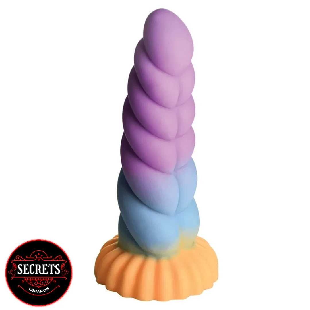 Mystique Unicorn Silicone Dildo with spiral ridges in purple-blue-orange gradient