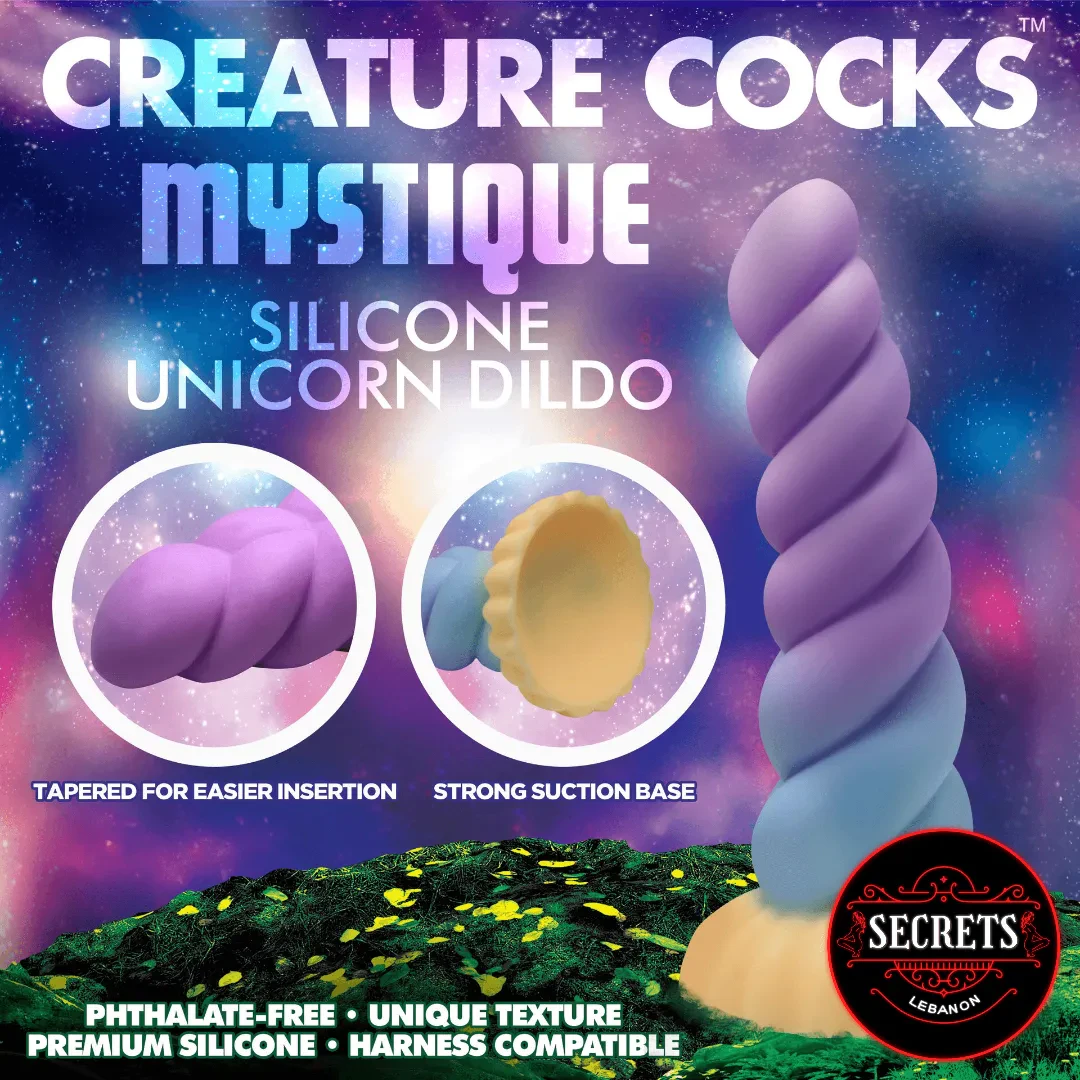 Mystique Unicorn Silicone Dildo spiral twisted purple blue with suction base detail