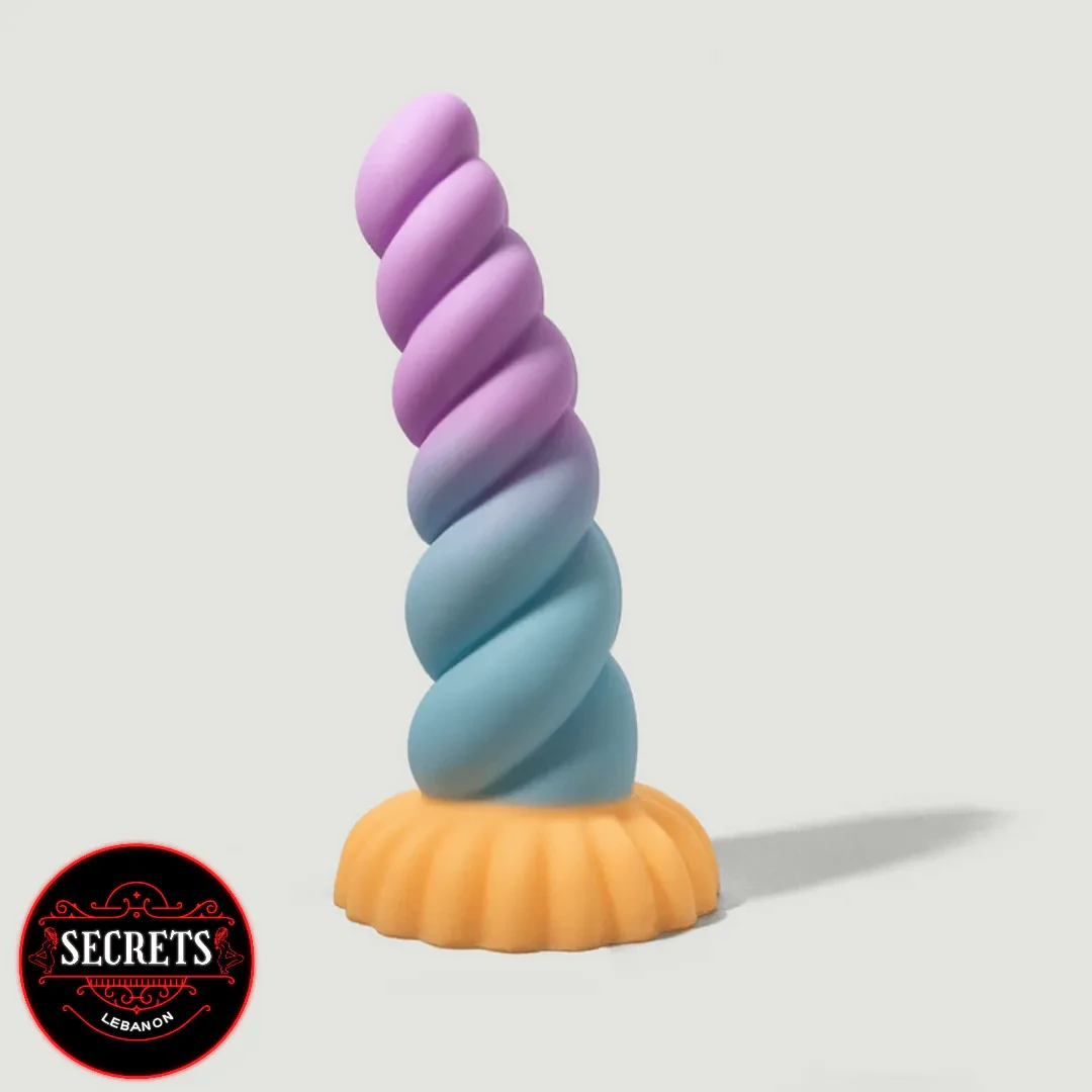 Mystique Unicorn Silicone Dildo with purple-blue ombre spiral and orange suction base