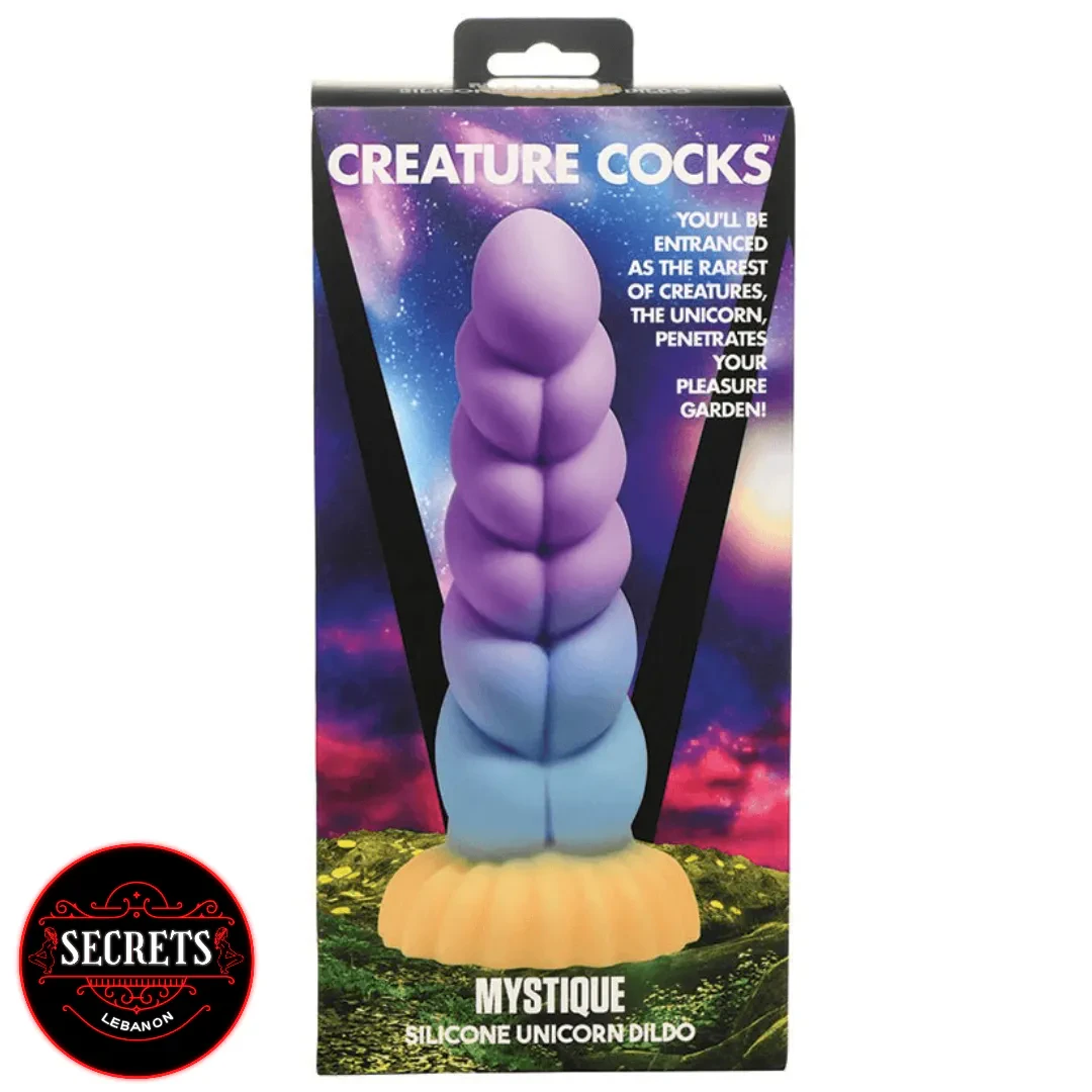 Mystique Unicorn Silicone Dildo in purple-blue ombre shown in retail box