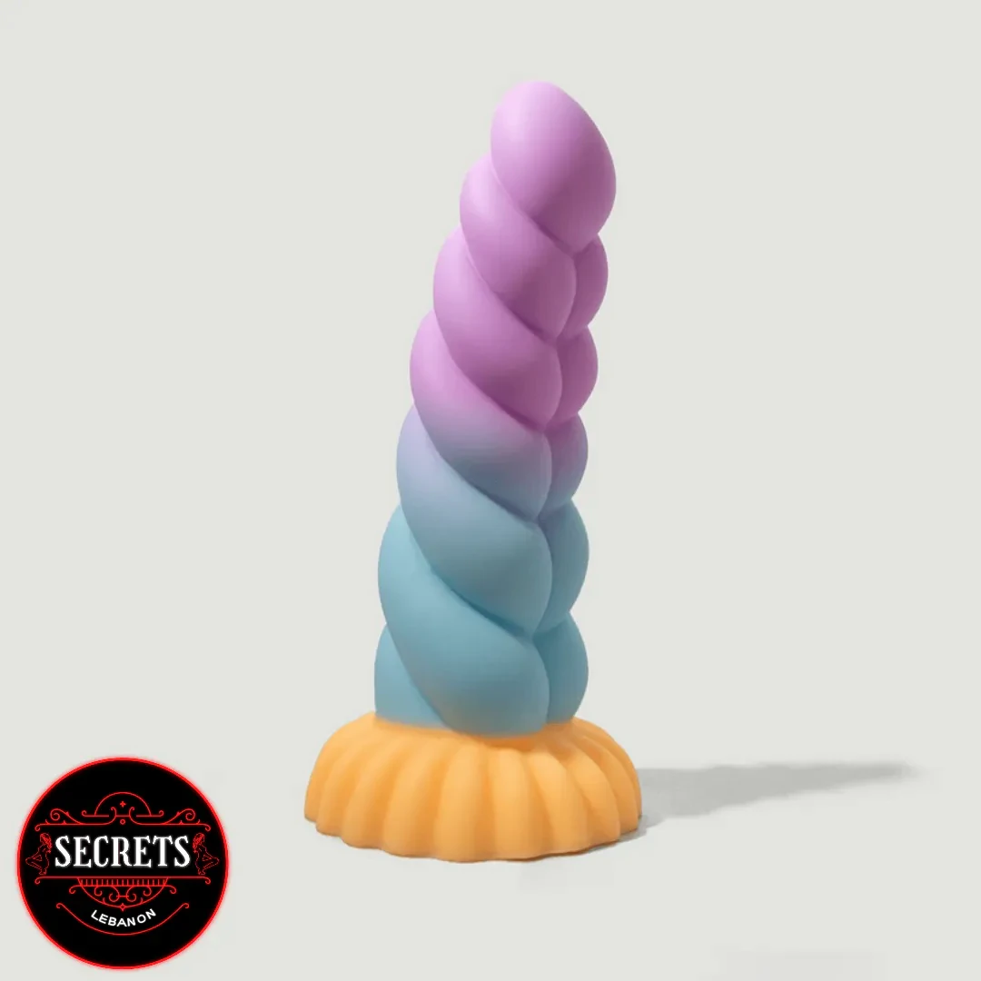 Mystique Unicorn Silicone Dildo with purple-blue ombre twisted shaft and yellow base