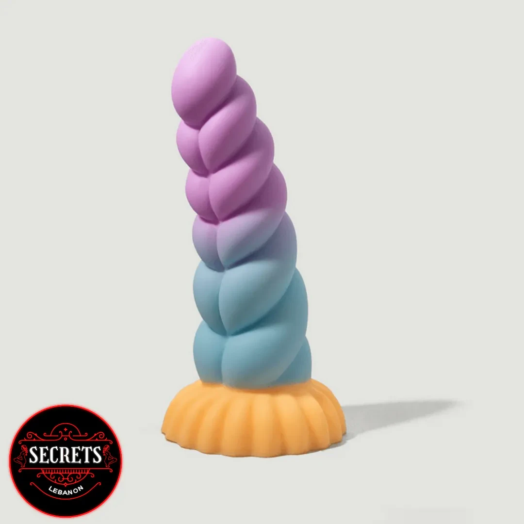 Mystique Unicorn Silicone Dildo with purple-blue ombre twisted shaft and yellow base