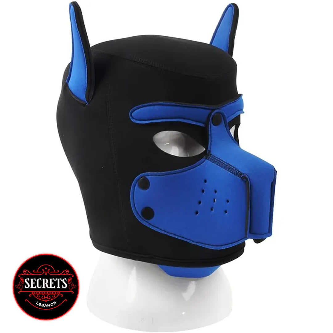 Neoprene Pup Play Hood Mask in black and blue side view
