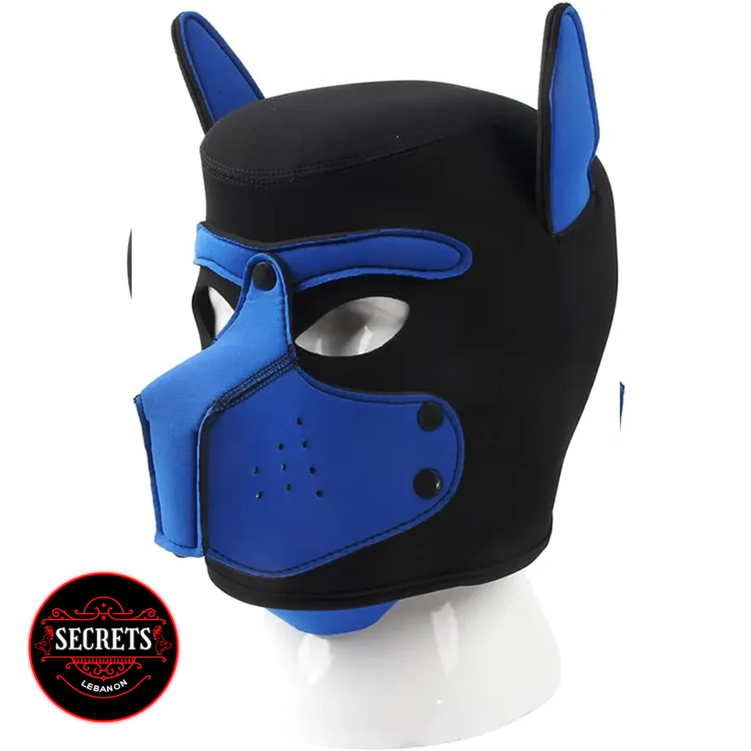 Neoprene Pup Play Hood Mask in black and blue on mannequin head