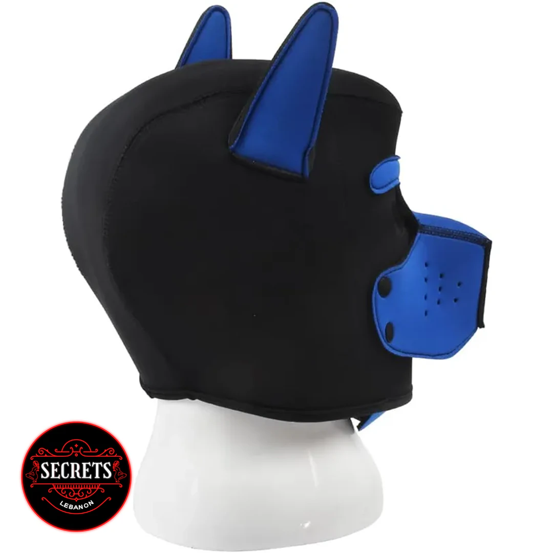 Neoprene Pup Play Hood Mask in black and blue side view