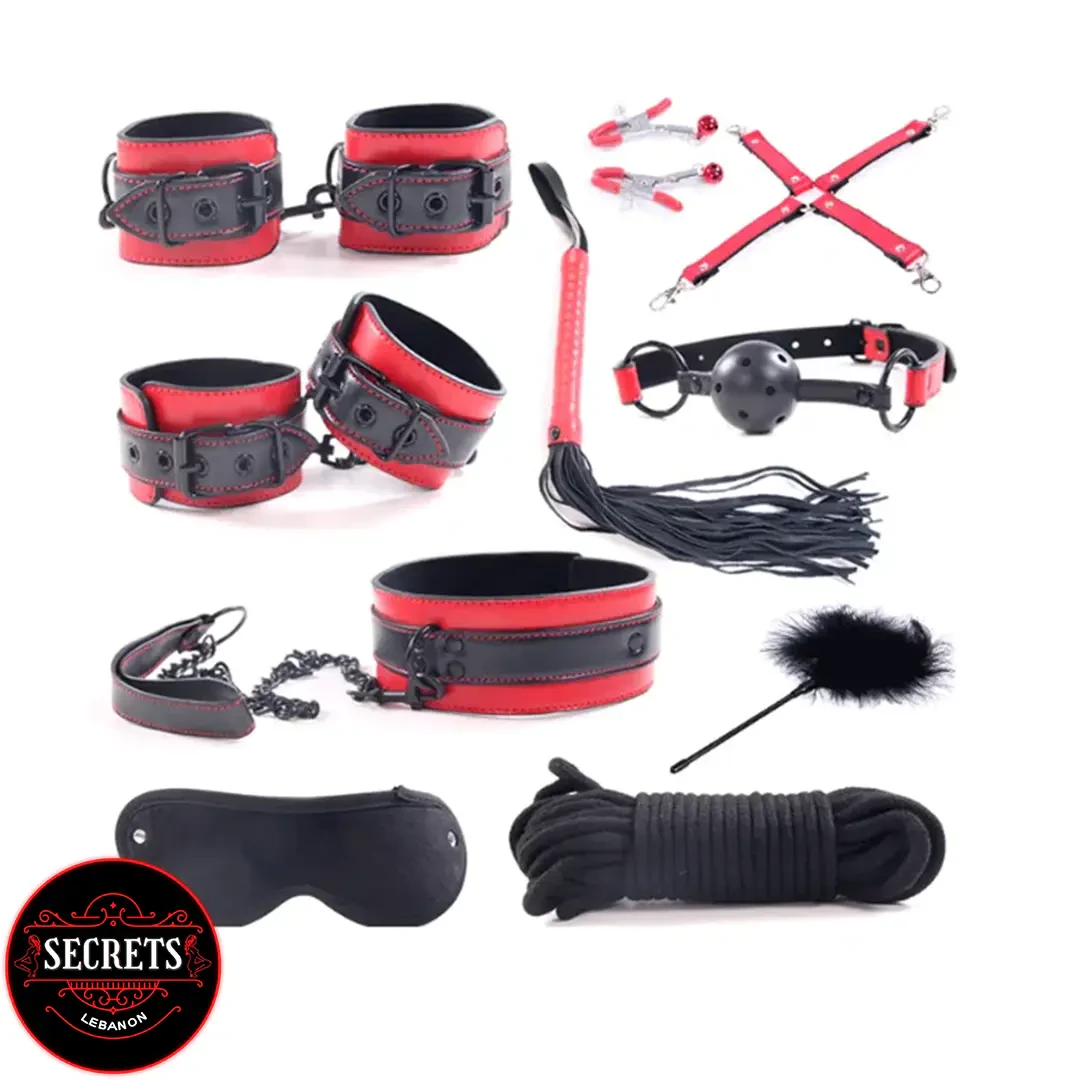 Obsidian Passion 10 Piece BDSM Set laid flat in red and black