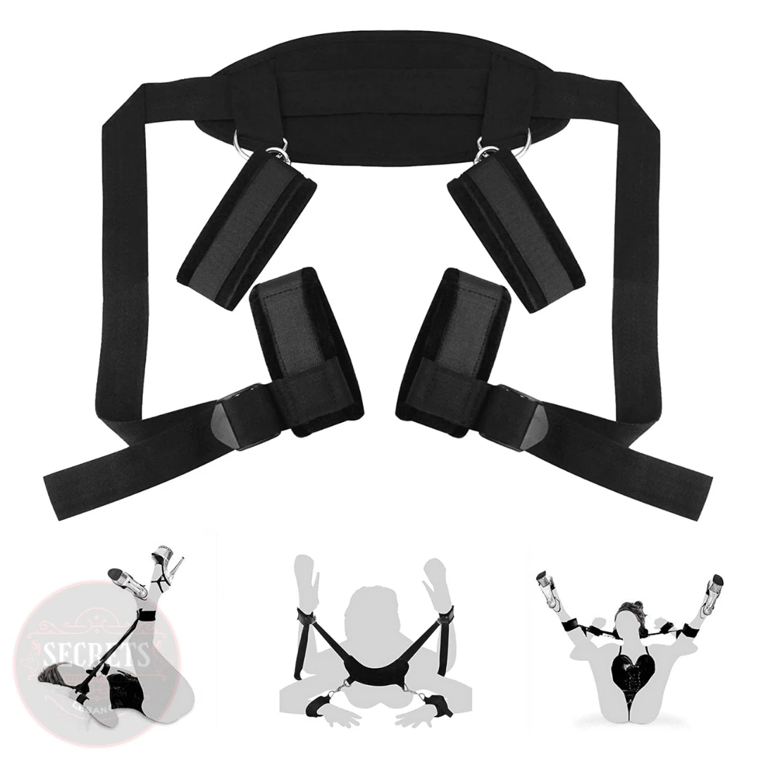 Padded Wrist Ankle Bondage Harness in black with four cuffs