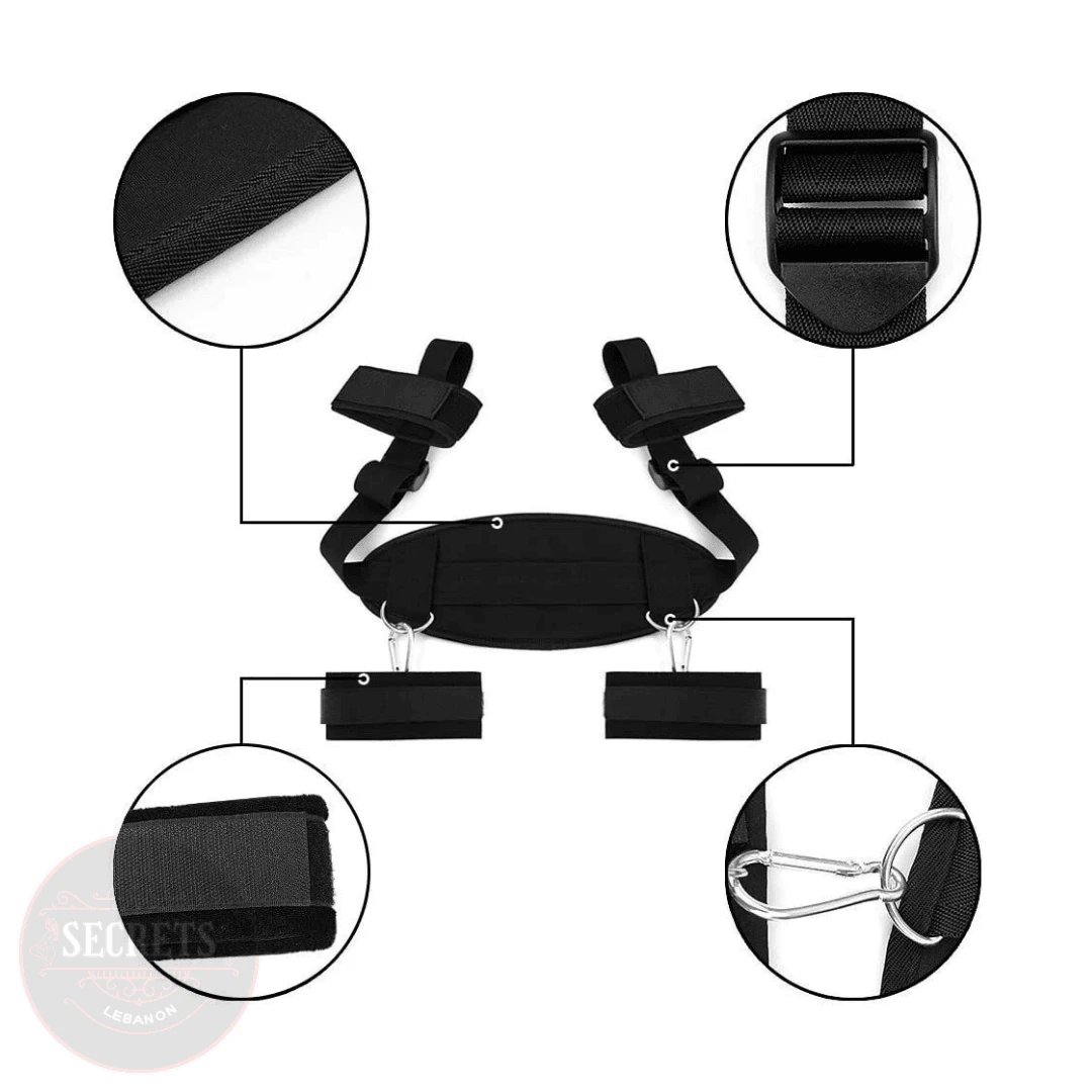 Padded Wrist Ankle Bondage Harness flat lay with detail closeups black nylon