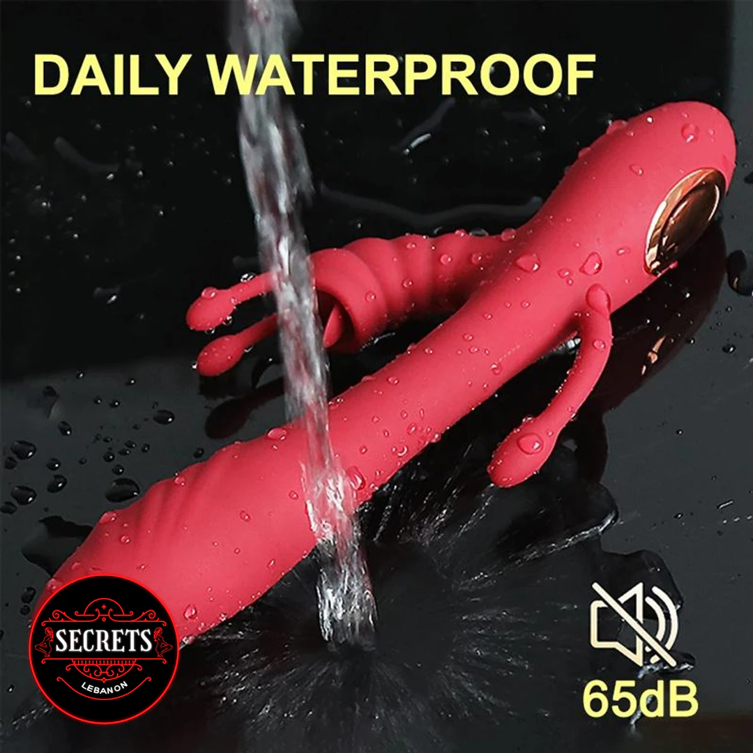 Passion Tongue Licking Rabbit Vibrator red silicone under running water stream