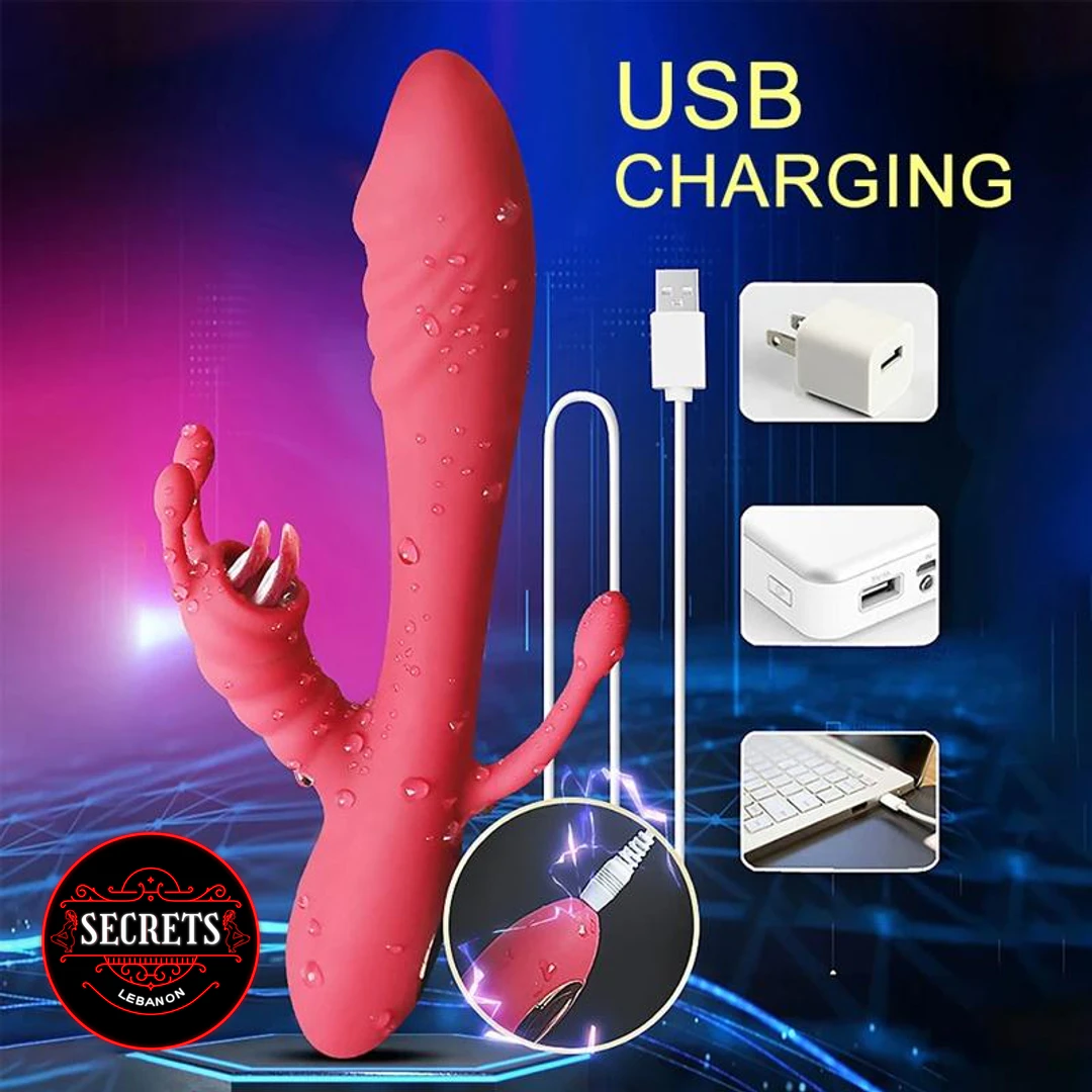 Passion Tongue Licking Rabbit Vibrator in hot pink beside red retail box