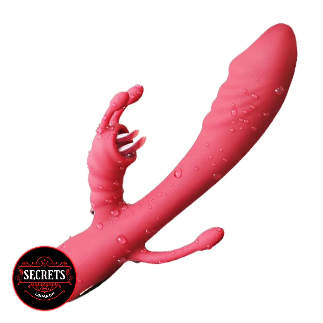 Passion Tongue Licking Rabbit Vibrator in hot pink beside red retail box