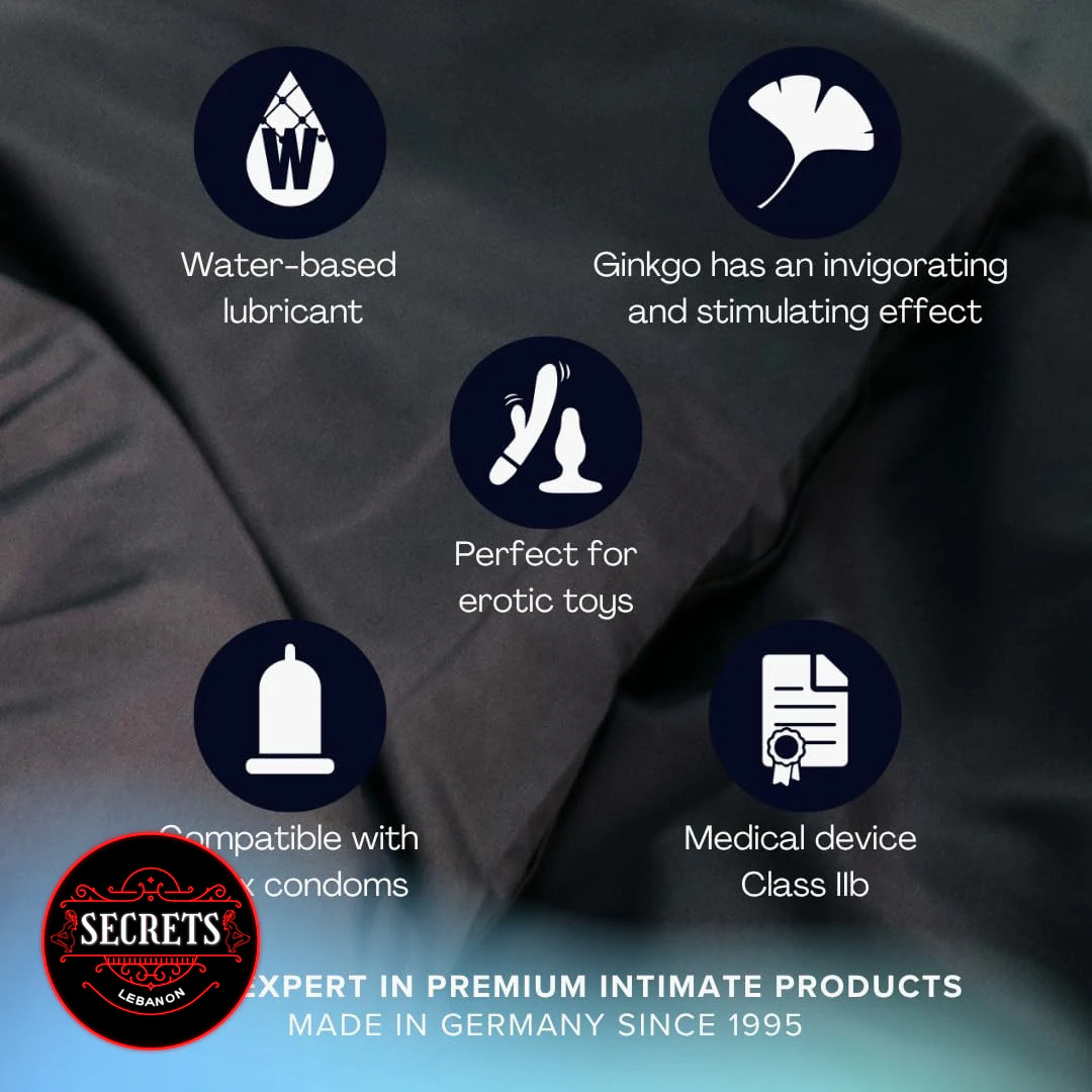 Pjur Ginkgo Energizing Lubricant 30ml feature icons on dark fabric background
