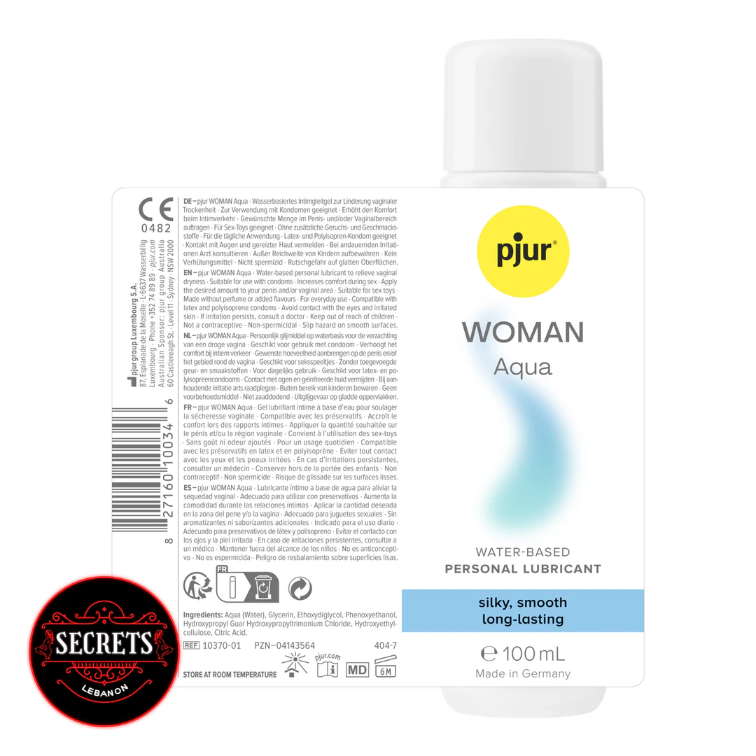 Pjur Woman Aqua Water-Based Lubricant 100ml back label on white background