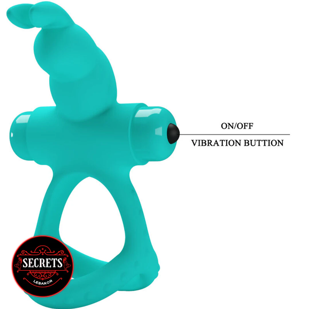 PowerPulse Rabbit Cock Ring in teal silicone with black vibration button labeled