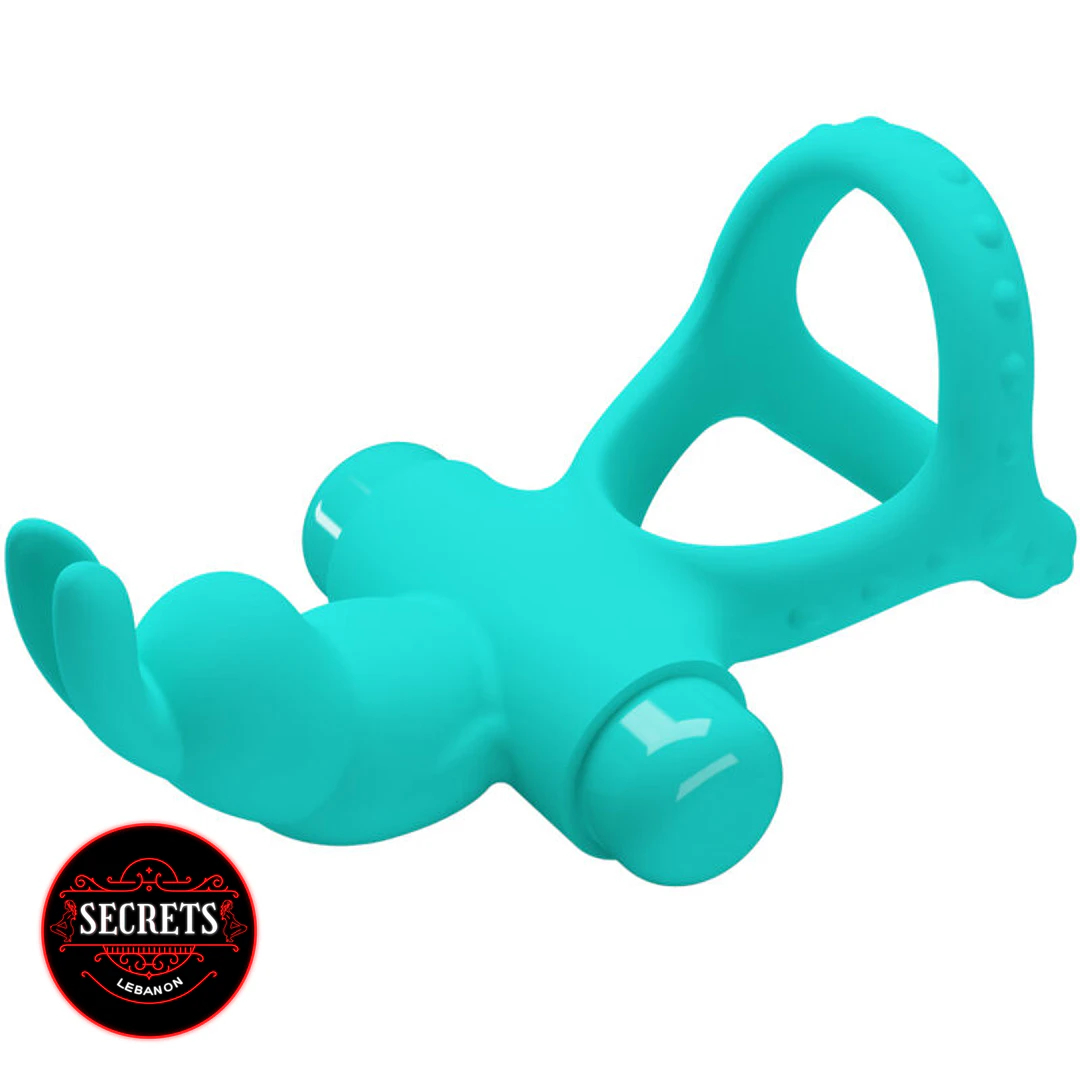 PowerPulse Rabbit Cock Ring in teal silicone with dual rings and stimulator