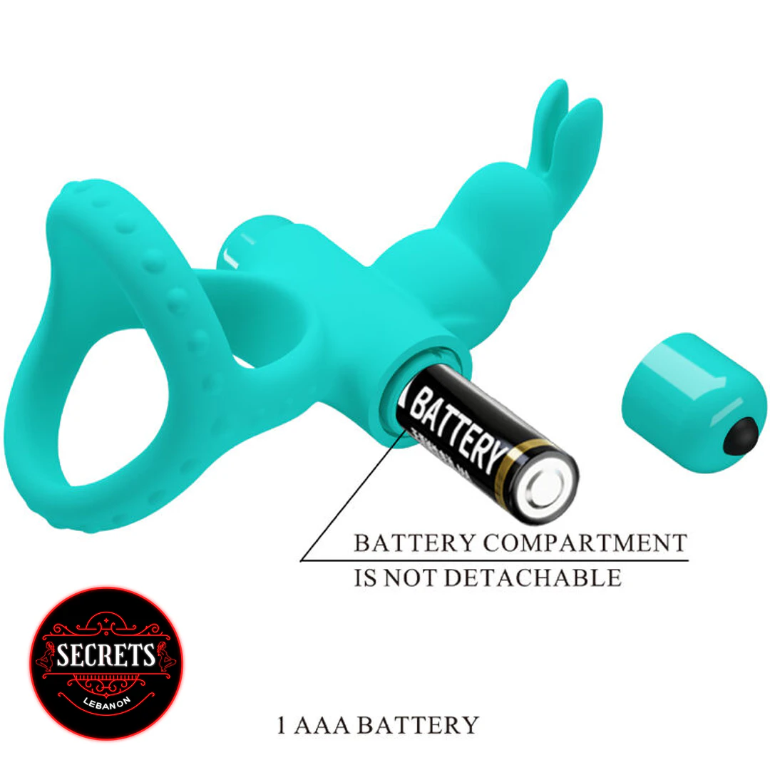 PowerPulse Rabbit Cock Ring teal silicone with AAA battery compartment detail shown