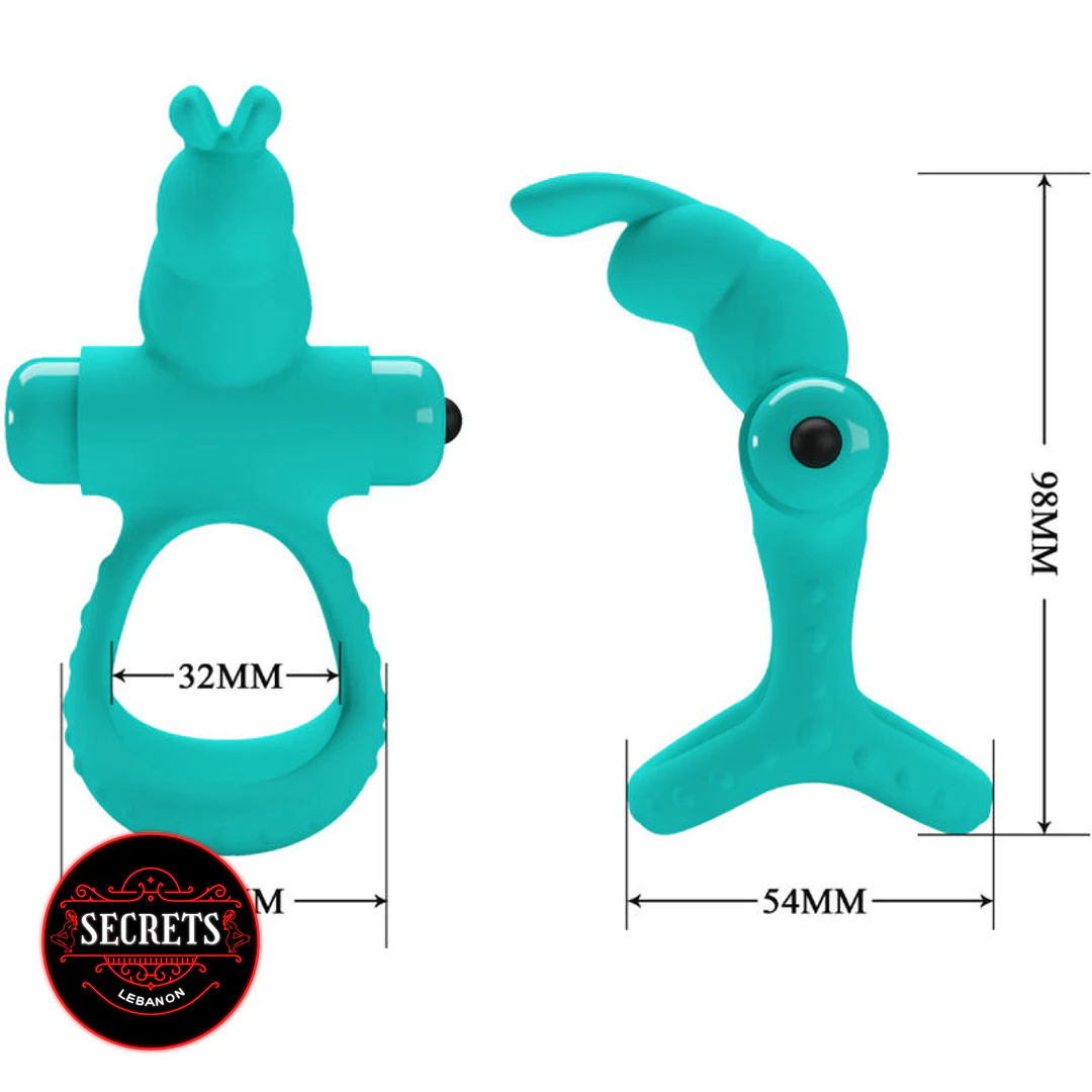 PowerPulse Rabbit Cock Ring teal silicone front and side views with dimensions