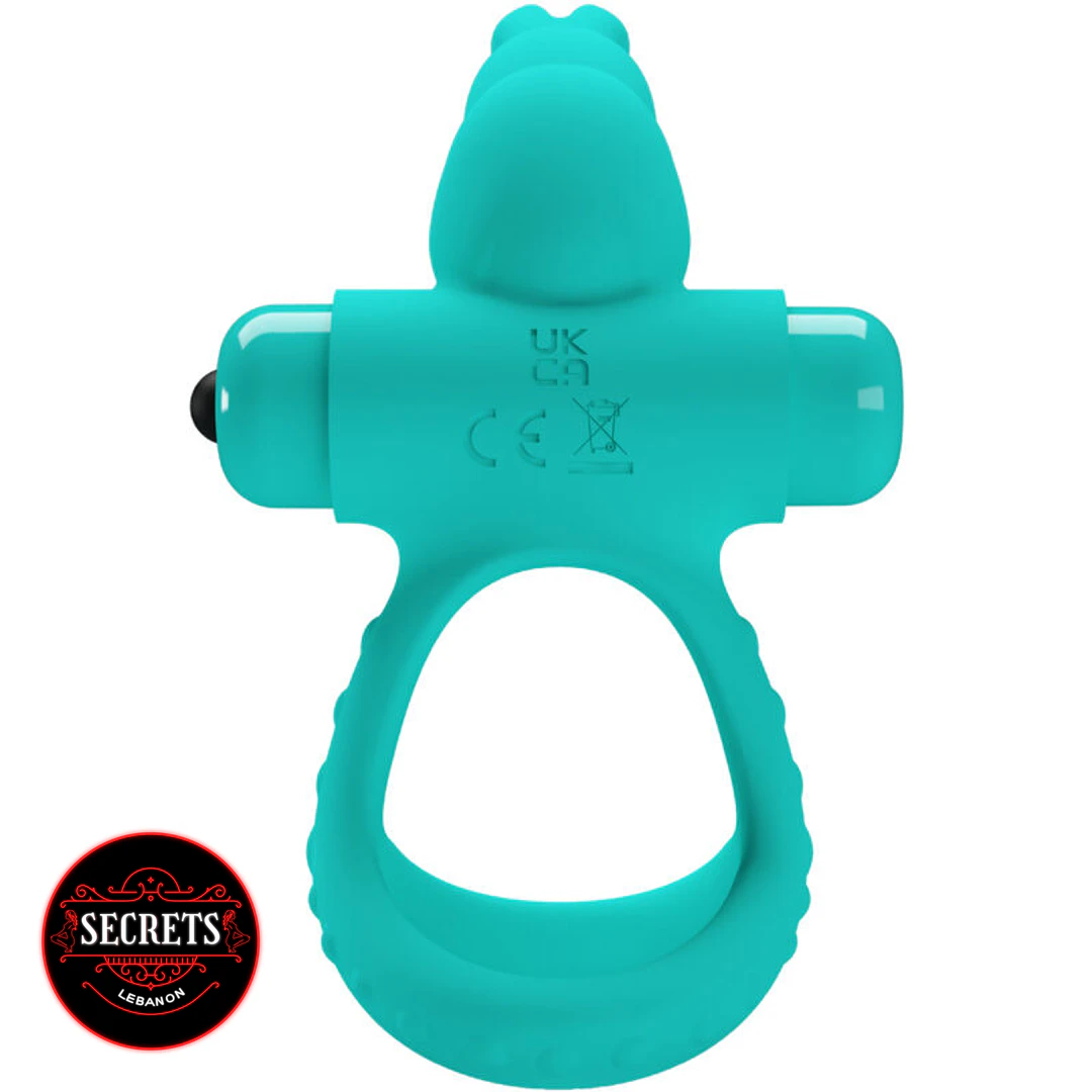 PowerPulse Rabbit Cock Ring in teal silicone with bullet vibrator front view