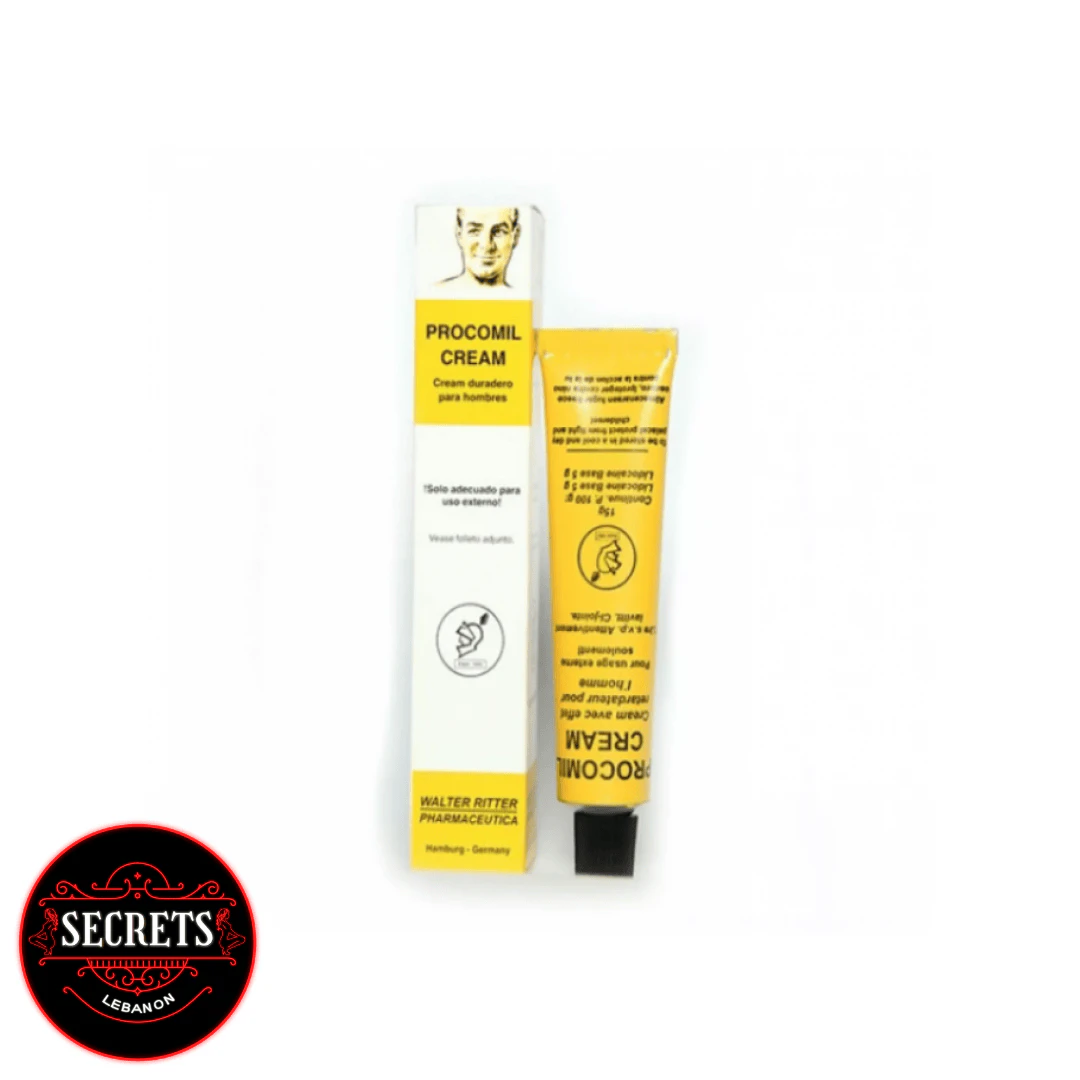 Procomil Lidocaine Delay Cream yellow tube beside white and yellow box