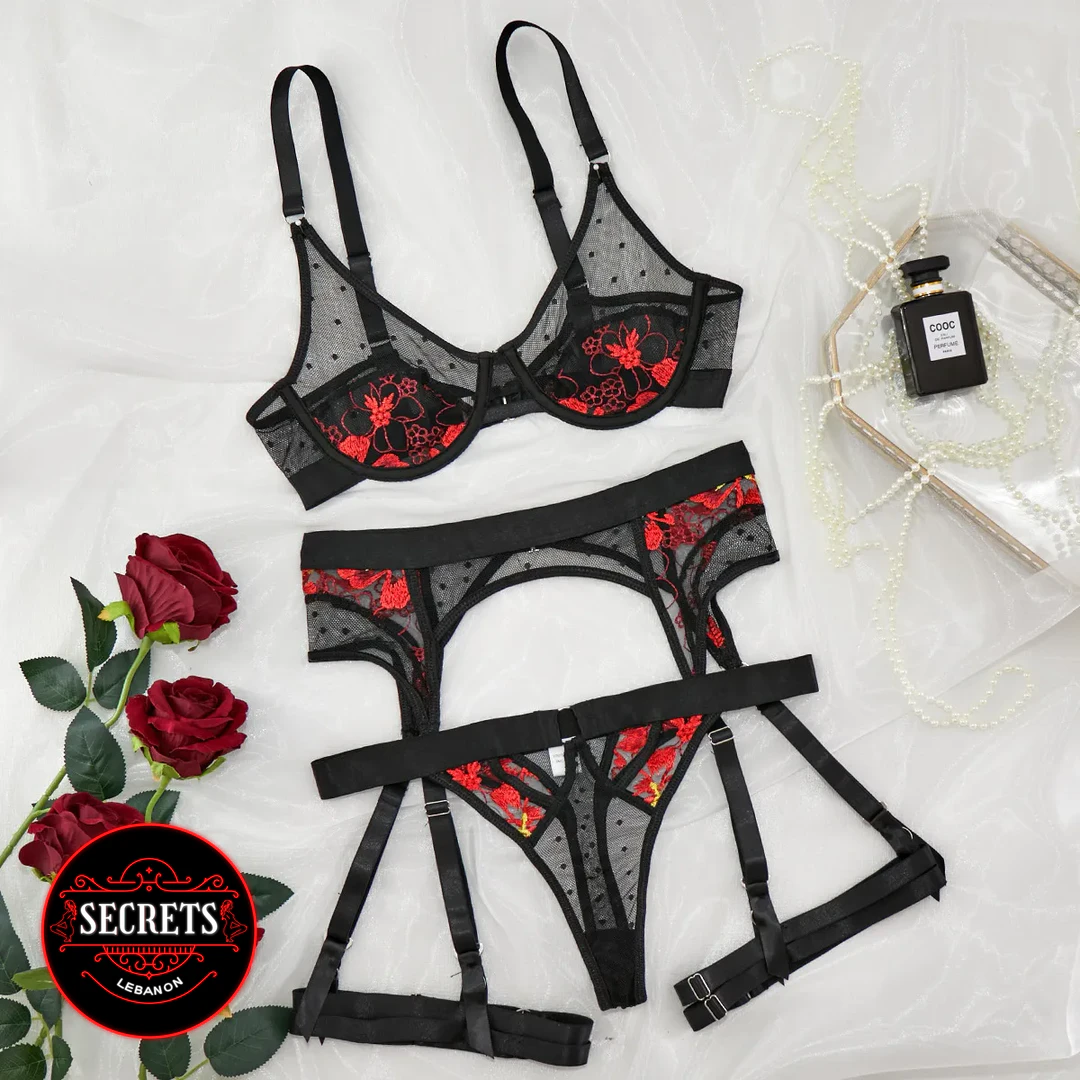 RedFloralGarterBeltLingerieSet-3 Red Floral Garter Belt Lingerie Set flat lay on white fabric