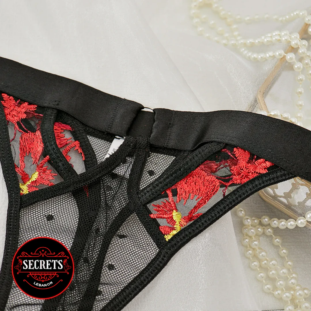 Red Floral Garter Belt Lingerie Set detail showing sheer black mesh and red embroidery