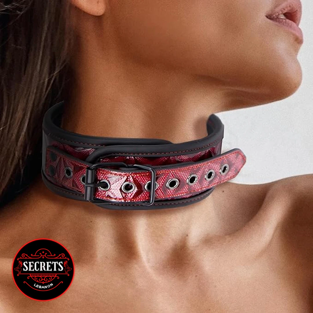 Red Leather BDSM Collar And Leash with red snakeskin panel worn close-up