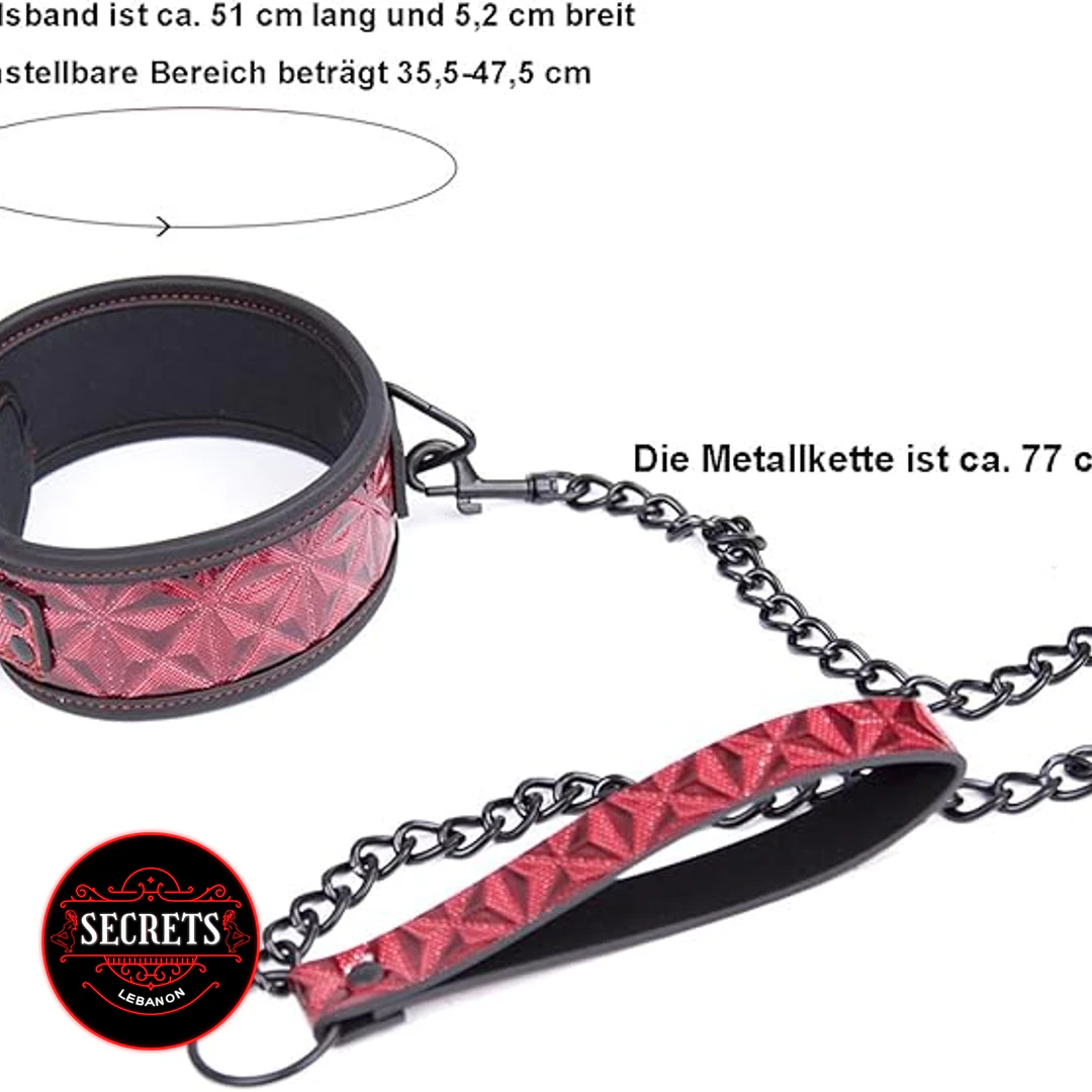 Red Leather BDSM Collar And Leash with gunmetal chain on white