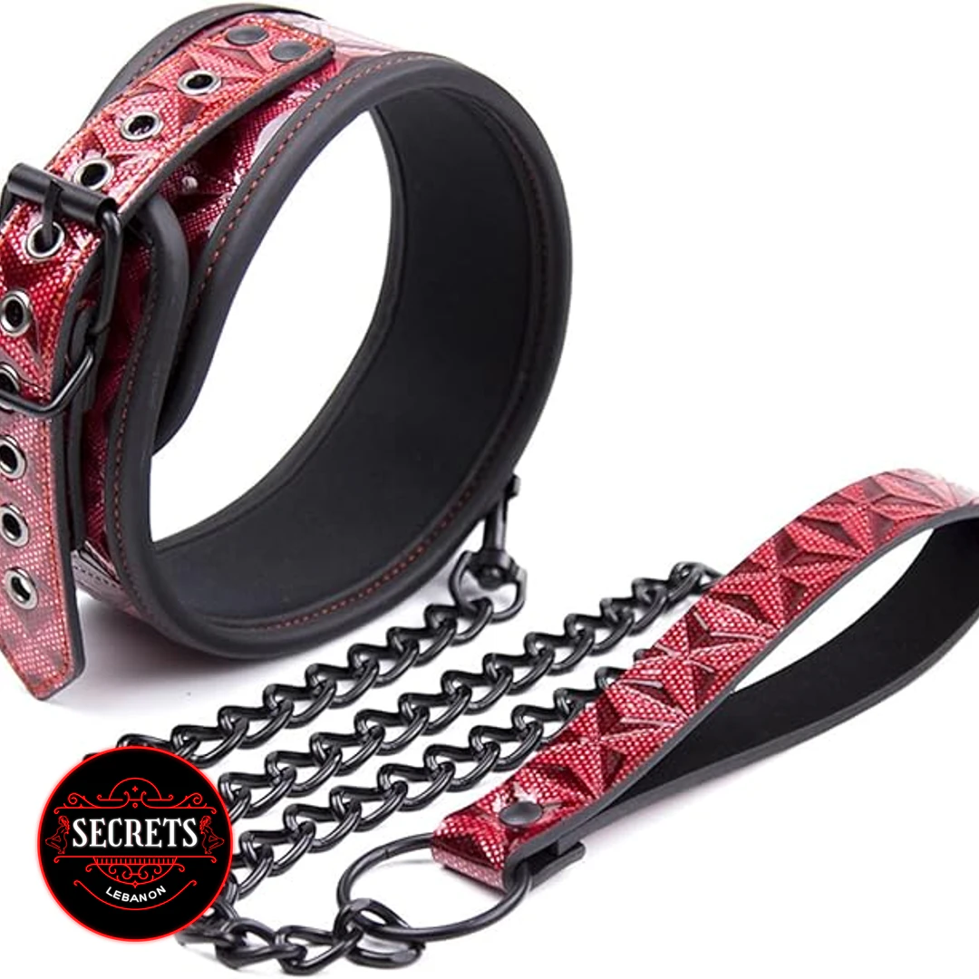 Red Leather BDSM Collar And Leash with black chain and metal hardware
