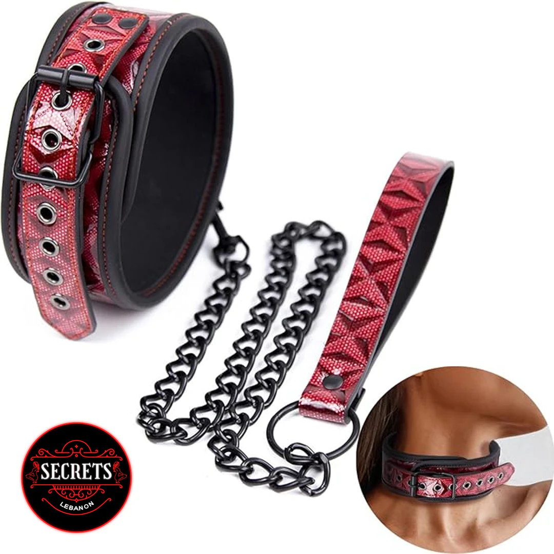Red Leather BDSM Collar And Leash with black chain and buckle detail
