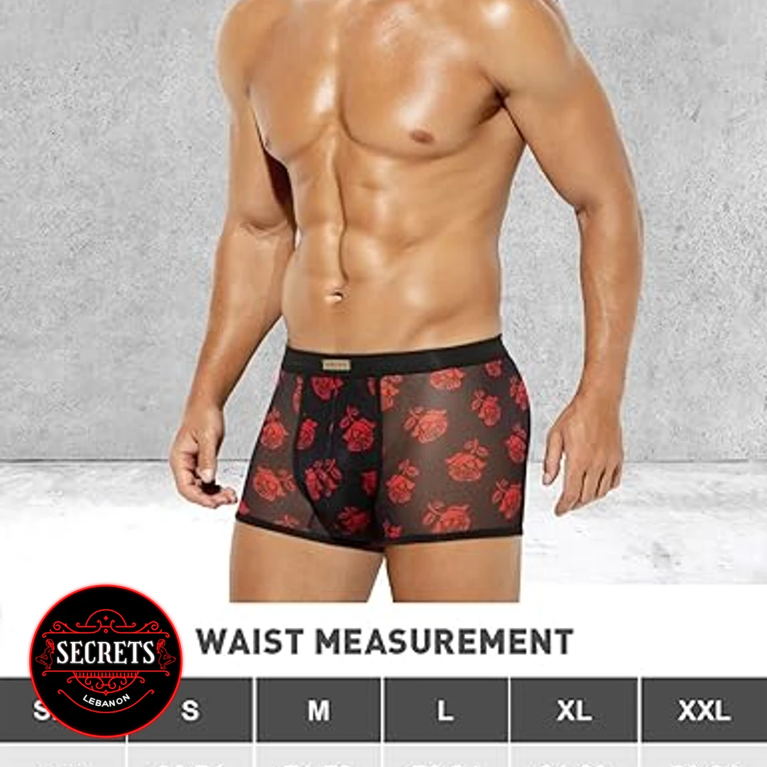 Red Rose Mesh Boxer Brief worn by muscular male model front view