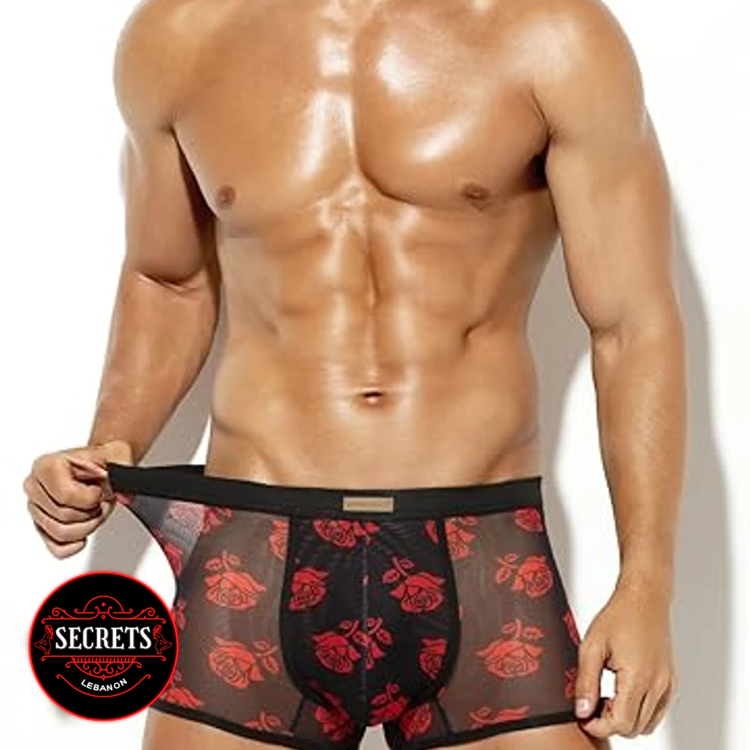 Red Rose Mesh Boxer Brief with sheer black fabric and red floral print