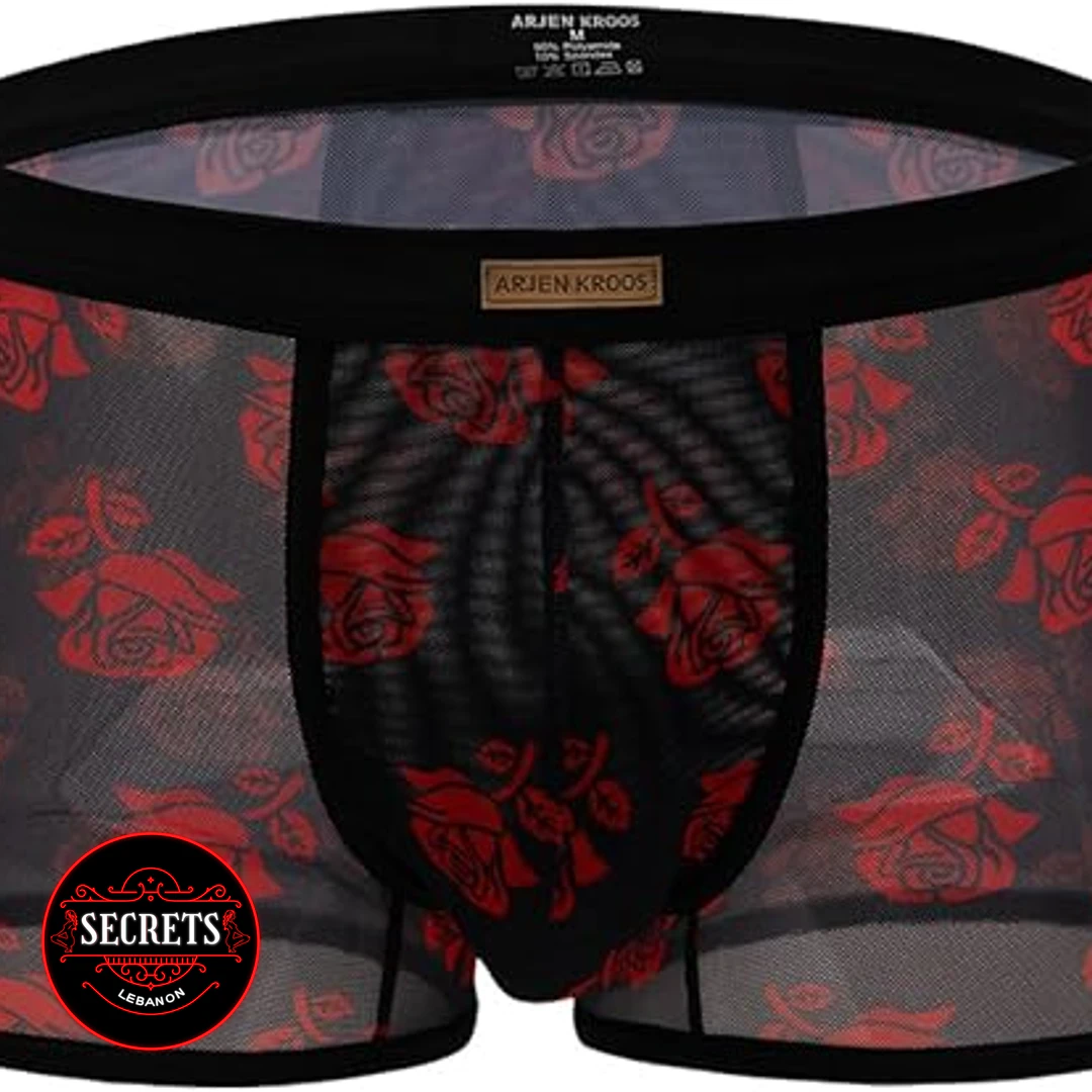 Red Rose Mesh Boxer Brief flat lay with black waistband front view