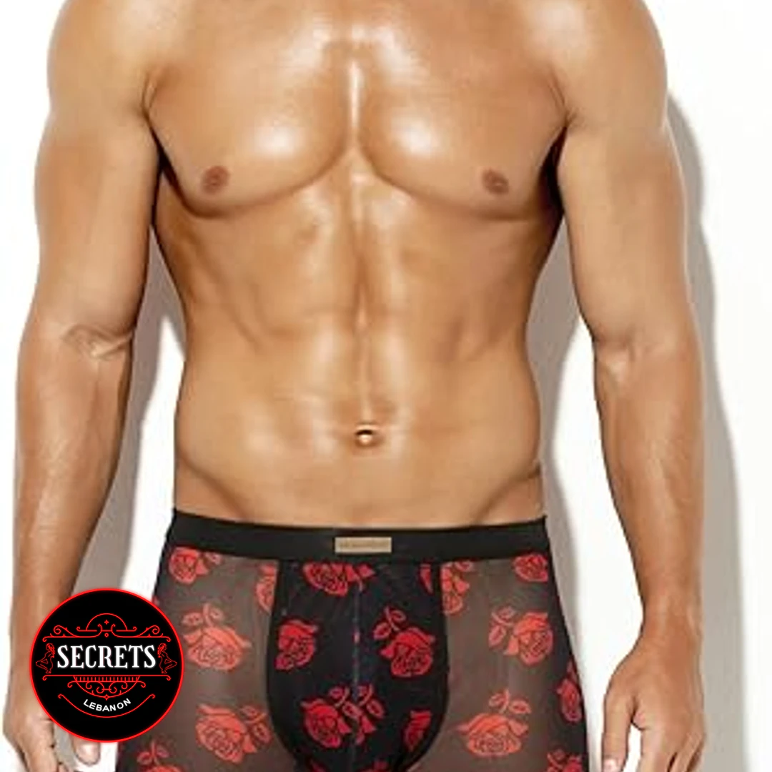 Red Rose Mesh Boxer Brief front view sheer black red floral print