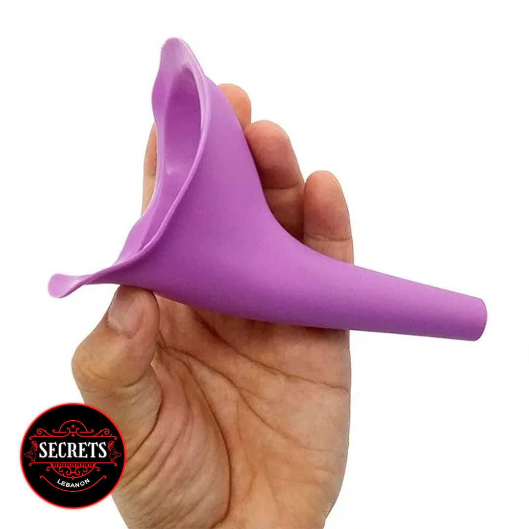 Reusable Silicone Pee Funnel held in hand showing purple flexible design