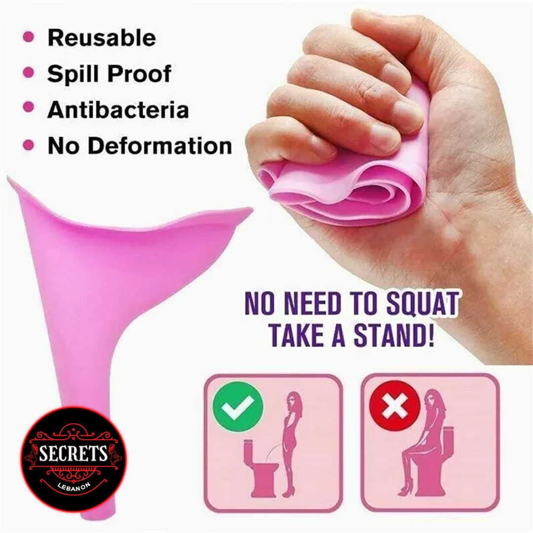 Reusable Silicone Pee Funnel in pink shown with hand squeezing it
