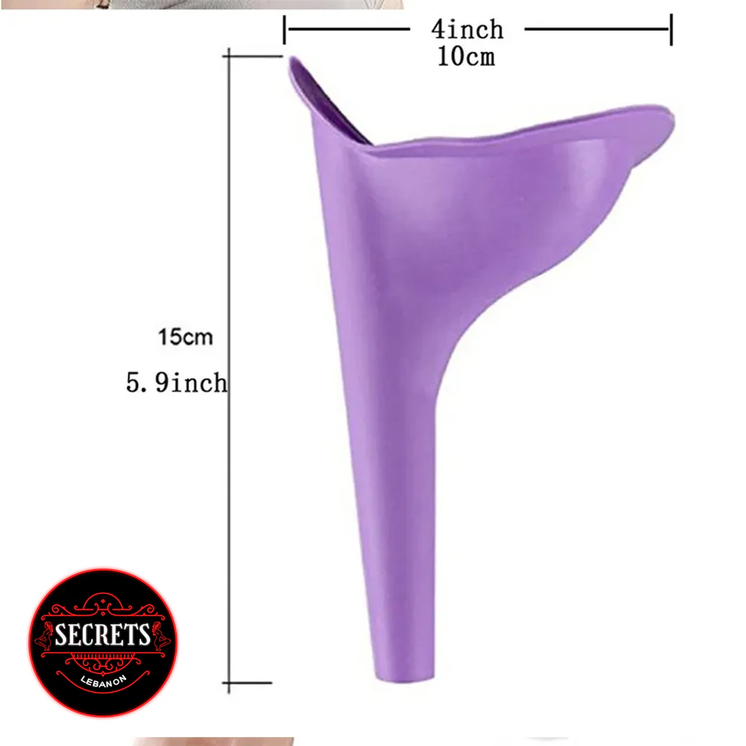 Reusable Silicone Pee Funnel in purple with size measurements shown