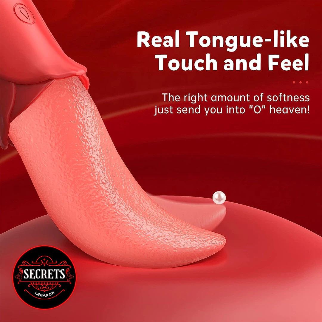 Rose Tongue Licking Vibrator close-up showing textured coral-red tongue attachment