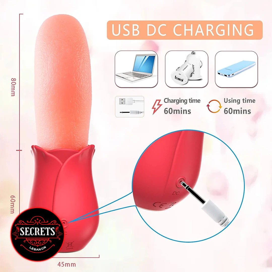 Rose Tongue Licking Vibrator in red with USB DC charging specs displayed